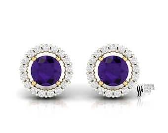 Amethyst Diamond Earring, Solid Gold Round Amethyst Halo Diamonds Stud Earring
