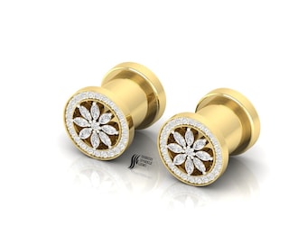 14k Solid Gold Lab Diamond Flower Ear Plug, Floral Tunnel Gauge For Stretcher Piercing 2Gauge 6mm