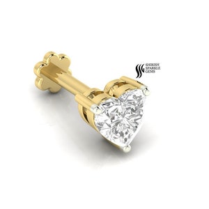 Heart lab diamond labret post / hear lab diamond ear piercing cartilage conch post / diamond helix daith nose pin internally threaded post