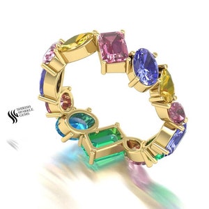 Natural Rainbow Sapphire wedding band natural sapphire engagement ring for her genuine rainbow sapphire gold ring Multi sapphire band