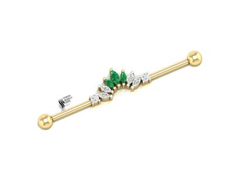 Barra industrial de esmeralda natural, barra de perforación de cartílago y hélice de oro macizo con diamante marquesa.