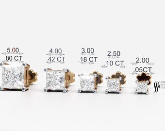 May include: Five pairs of square-cut diamond stud earrings in varying sizes, ranging from 2.00 to 5.00, with carat weights from .05 CT to .80 CT. Each earring is set in a gold or gold-toned setting. The text "SHINE SPARKLE GEMS" is also visible.