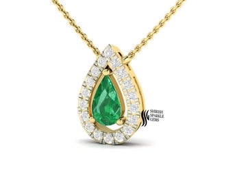 14kt Emerald cable chain necklace, natural emerald diamond necklace, emerald charm necklace, pear cut emerald gold necklace gift for wife