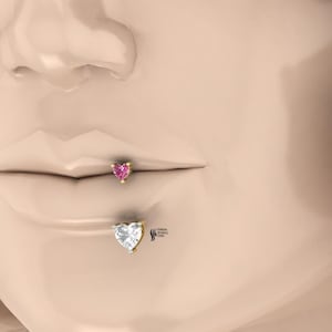 以下が含まれることがあります： 2つの唇ピアスがある顔のクローズアップ。上唇ピアスは、小さなハート型のピンク色の宝石が特徴です。下唇ピアスは、ハート型の透明な宝石が付いています。どちらも金でセットされています。