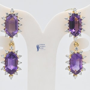 Natürlicher Amethystohrring mit natürlichem Diamant, einzigartiger Amethystohrringtropfenohrring, hängender Ohrring, Amethysthaloohrringgoldohrring