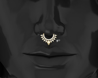 14K Gold Diamond Nose Hoop | Ethnic Tribal Septum Clicker | Elegant Boho Nose Piercing for Women