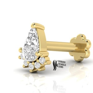 Lab diamond labret conch rook post / pear cut lab diamond nose ear piercing / lab diamond solid gold ear piercing post helix daith labret