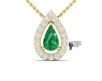 Pear Shape Natural Emerald Halo Diamond Pendant for Gift her | May Birthstone Jewelry