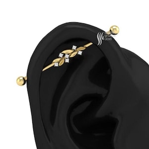 gold leaf lab diamond body piercing jewelry, diamond straight barbell piercing jewelry for gift, 14g industrial piercing in solid gold