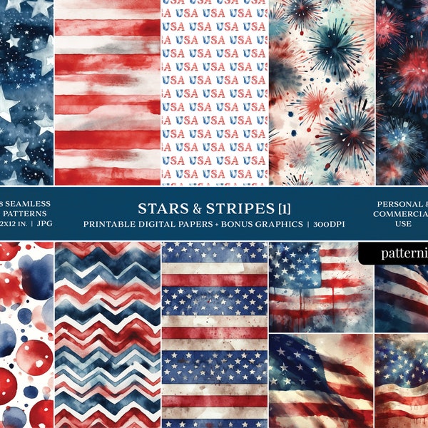 4th of July Pattern Set, Independence Day Art, Watercolor Digital Paper Pack, Seamless Pattern, Printable Paper, Scrapbook Paper Stack |PAT6