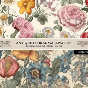 Antique Floral Wallpaper Digital Paper Pack, Seamless Pattern ...