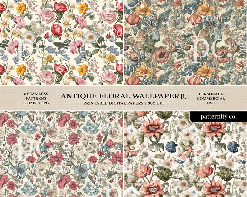 Antique Floral Wallpaper Digital Paper Pack, Seamless Pattern ...