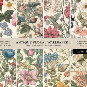 Antique Floral Wallpaper Digital Paper Pack, Seamless Pattern ...