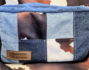 Handmade Denim & Cow Print Utility Pouch - Upcycled Travel Bag