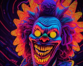 Psychedelic Creepy Carnival Clown Digital Art Print, AI Generated