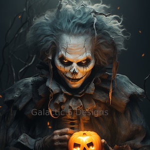 Creepy Clown with Pumpkin Digital Print - Horror Art - Printable Wall Art - Creepy Decor - Instant Download - Scary Clown Art - Halloween