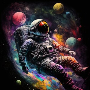 Psychedelic Astronaut Digital Art Print, AI Generated, Wall Art, AI Art, Digital Download, Art Prints, Printable, Trippy, Galaxy, Planets