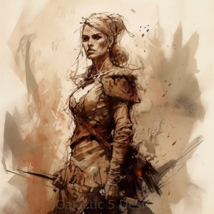 Viking Warrior Queen Sketch Art Print, Watercolors, AI Generated, Digital Download, Viking Art, Wall Art, Viking Print