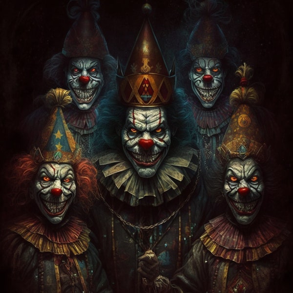 Creepy Evil Carnival Clowns Digital Art Print, AI Generated, Wall Art, AI Art, Digital Download, Art Prints, Printable, Horror Art, Creepy