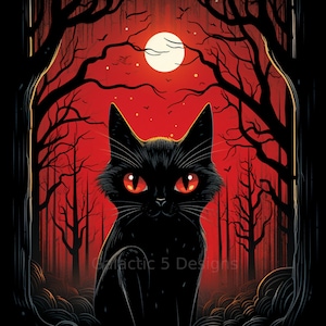 Black Cat Red Sky Full Moon Digital Art Print, AI Generated, Wall Art, AI Art, Digital Download, Art Prints, Cat Art, Halloween Art