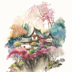 Japanese Garden Landscape Digital Art Print, AI Generated, Wall Art, AI Art, Digital Download, Home Decor, Printable