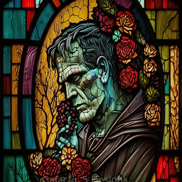 Frankensteins Monster Stained Glass Digital Art Print, AI Generated, Wall Art, Digital Download, Art Prints, Printable, Floral, Horror Art