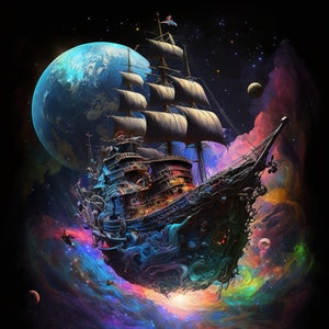 Pirate Ship Exploring Cosmos Digital Art Print, AI Generated, Wall Art, AI Art, Digital Download, Art Prints, Printable, Galaxy, Planets