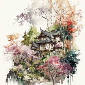 Japanese Garden Landscape Digital Art Print, AI Generated, Wall Art, AI Art, Digital Download, Home Decor, Printable