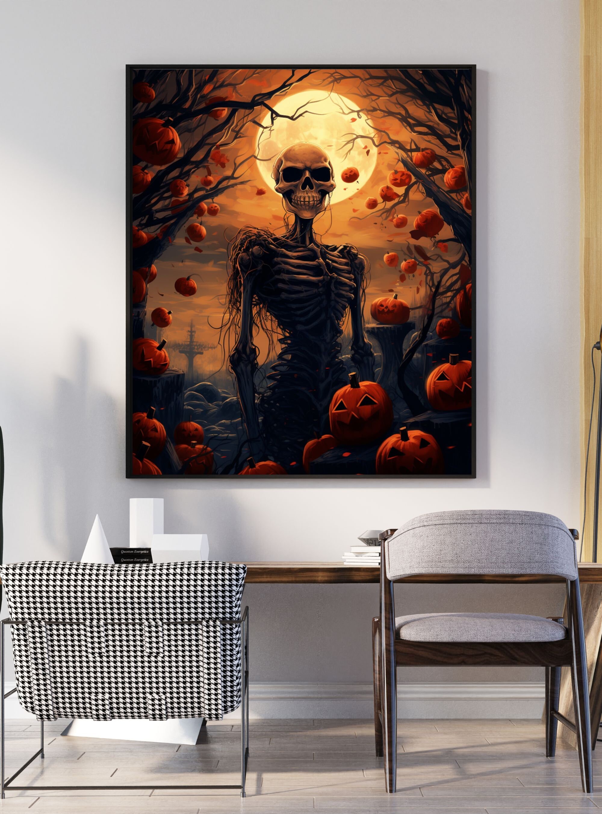 Haunting Halloween Skeleton Pumpkin Digital Download Art