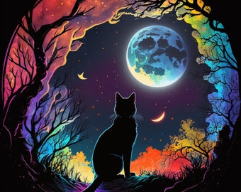 黒猫と月のアートプリント 黒猫満月デジタルアートプリント、AI生成、ウォールアート、AIアート