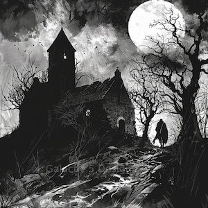 Puede incluir: Ilustración en blanco y negro de una escena gótica con una iglesia, árboles desnudos y una luna llena. Una figura camina hacia la iglesia por un camino. La imagen evoca una sensación de presentimiento, con el texto "Galactic 5 Design" en la parte inferior.
