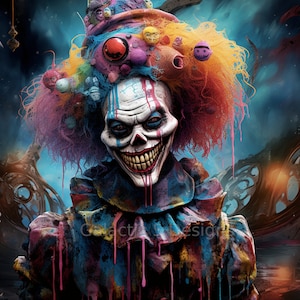 Psychedelic Alien Carnival Clown Digital Print - Horror Art - Printable Wall Art - Creepy Decor - Instant Download - Scary Clown Art