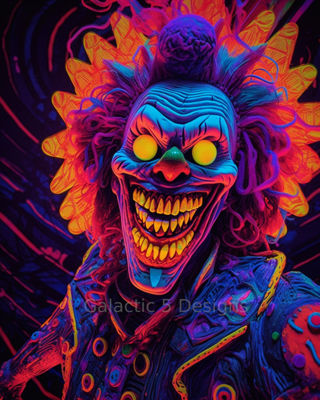 Psychedelic Creepy Carnival Clown Digital Art Print, AI Generated