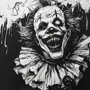 Creepy Carnival Clown Black and White Digital Print Illustration - Horror Art - Printable Wall Art - Creepy Decor - Scary Clown Art