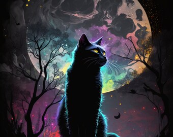 黒猫満月デジタルアートプリント、AI生成、ウォールアート、AIアート