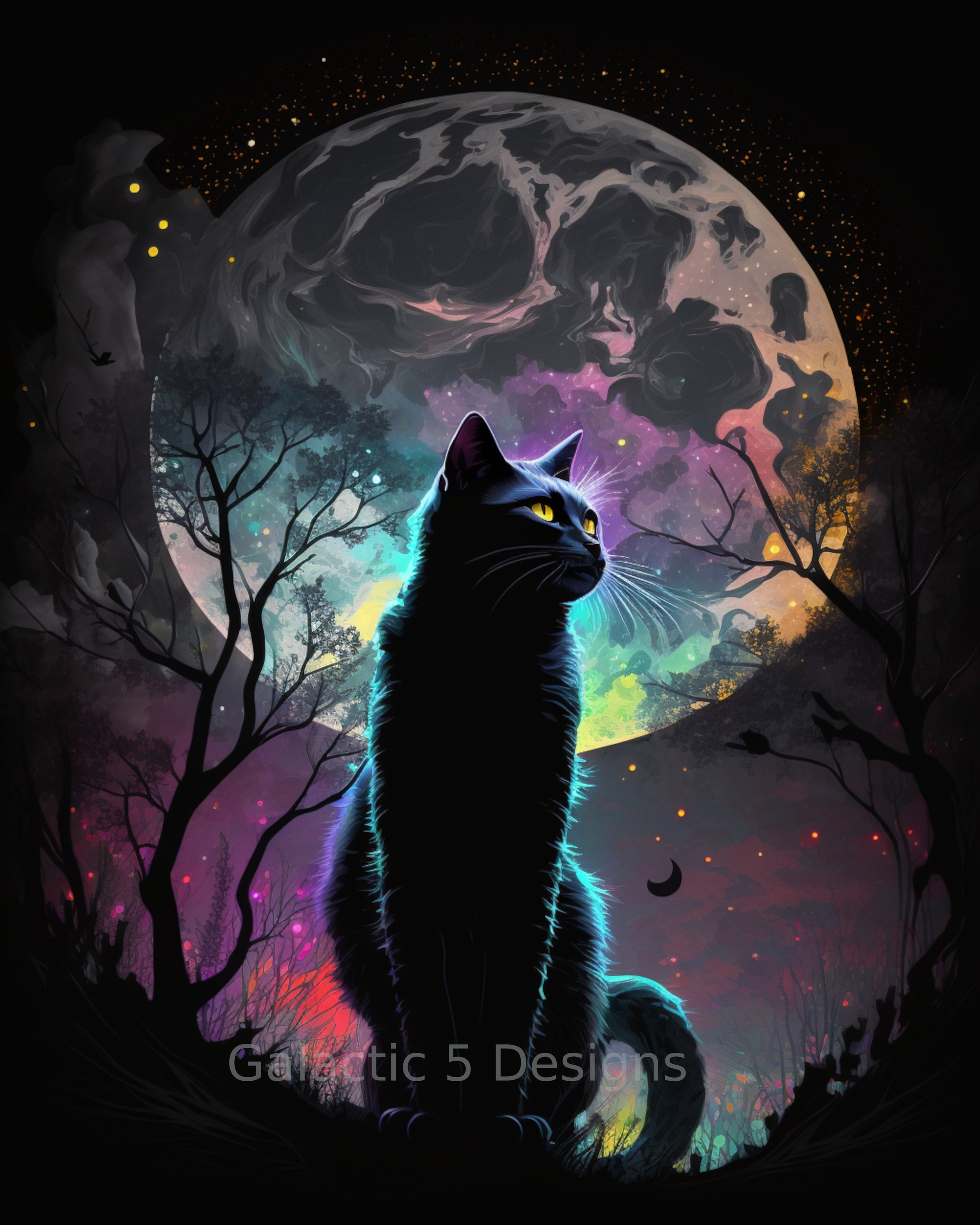 Black Cat Full Moon Digital Art Print, AI Generated, Wall Art, AI Art