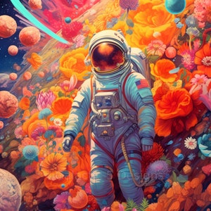 Psychedelic Astronaut Floral Print, AI Generated, Wall Art, AI Art, Digital Download, Art Prints, Printable, Galaxy, Planets, Digital Art