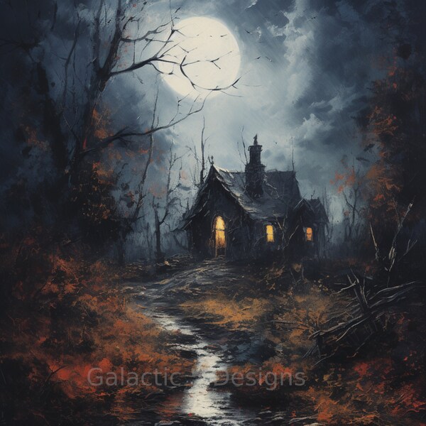 Spooky Cabin in the Woods Digital Art Print, Oil Painting Style, Wall Art, AI Art, Digital Download, Home Decor, Gothic Art, Fairytale