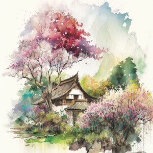 Japanese Garden Landscape Digital Art Print, AI Generated, Wall Art, AI Art, Digital Download, Home Decor, Printable