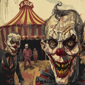 Creepy Carnival Clowns Digital Print Illustration - Horror Art - Printable Wall Art - Creepy Decor - Instant Download - Scary Clown Art