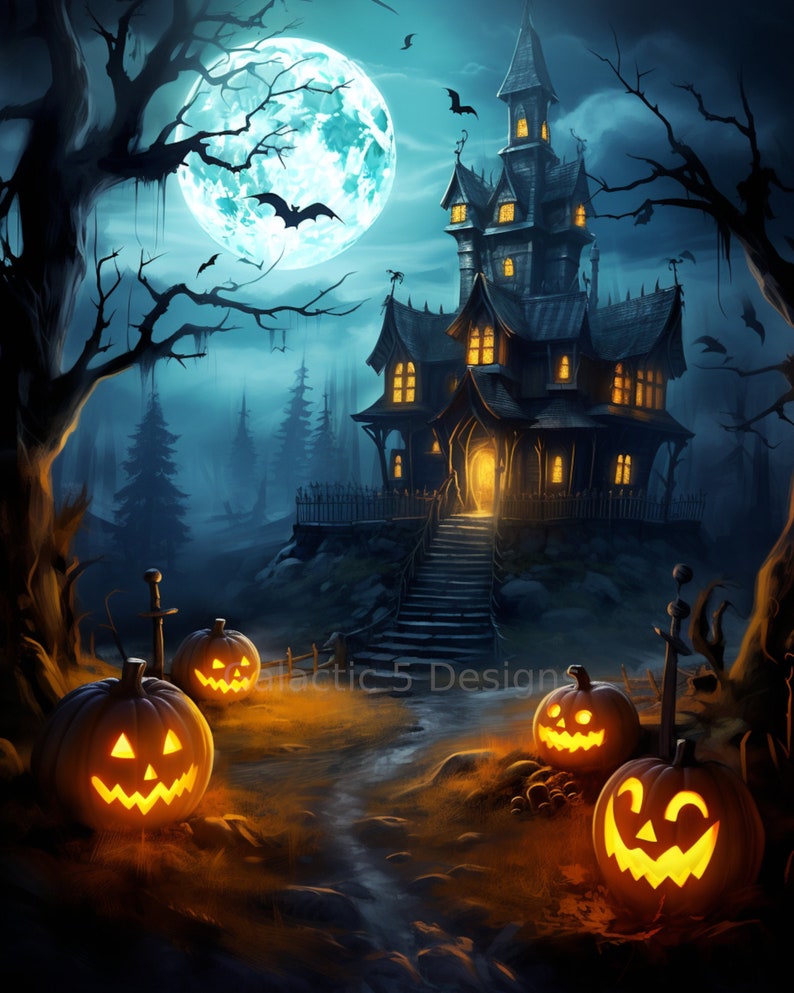 Halloween Haunted House Digital Download Art Print - AI Generated Wall Art - Printable Art - AI Art Prints - Poster - Horror Art image 1