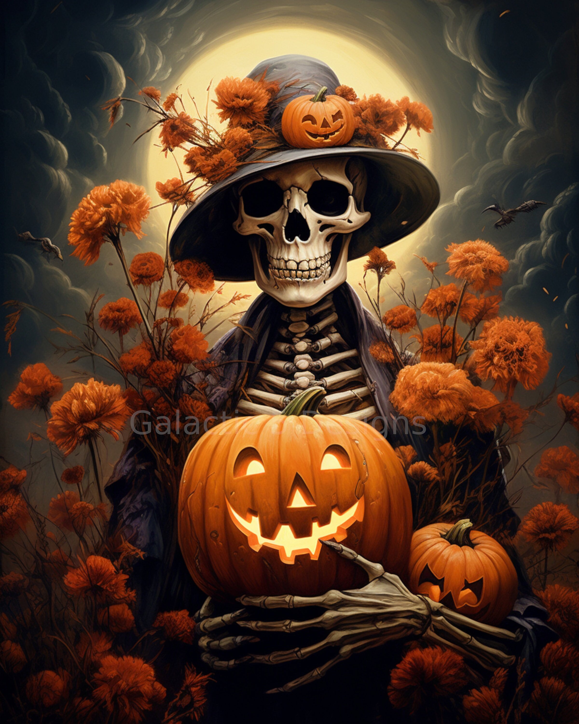 スケルトン ホラーアート Halloween Skeleton Pumpkin Digital Download Art Print - AI
