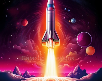 Retro Sci-Fi Space Rocket Digital Art Print, AI Generated, Wall Art, AI Art, Digital Download, Art Prints, Printable, Cosmos, Retro Art