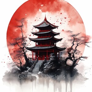 Japanese Samurai Temple Landscape Digital Art Print, Watercolors, Digital Download Art Print - AI Generated Wall Art - Printable Art