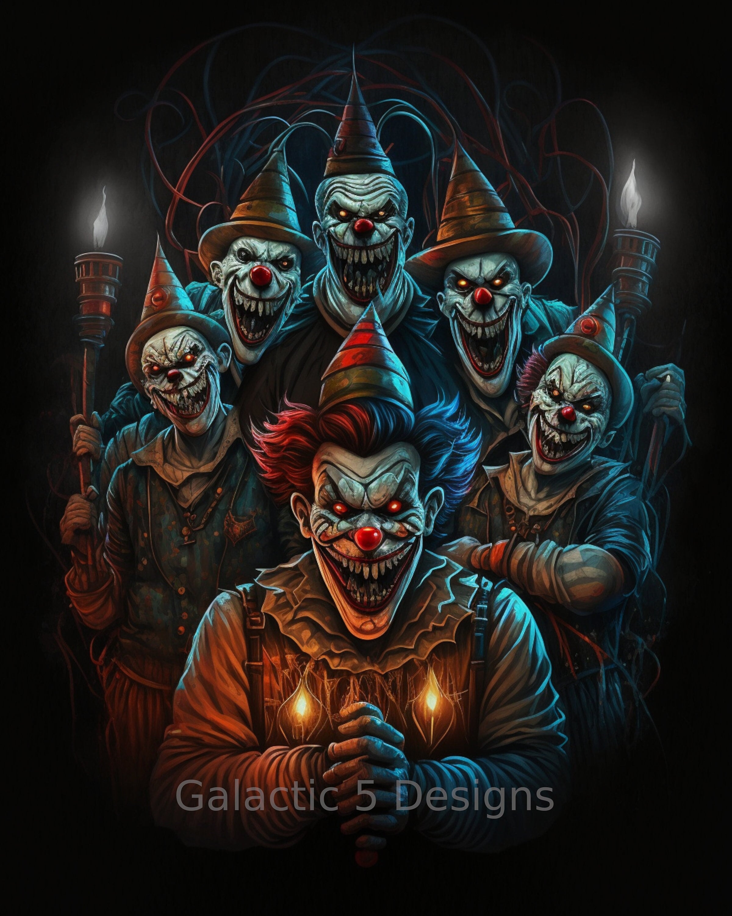Evil Carnival Clowns Digital Print - AI Generated Horror Art