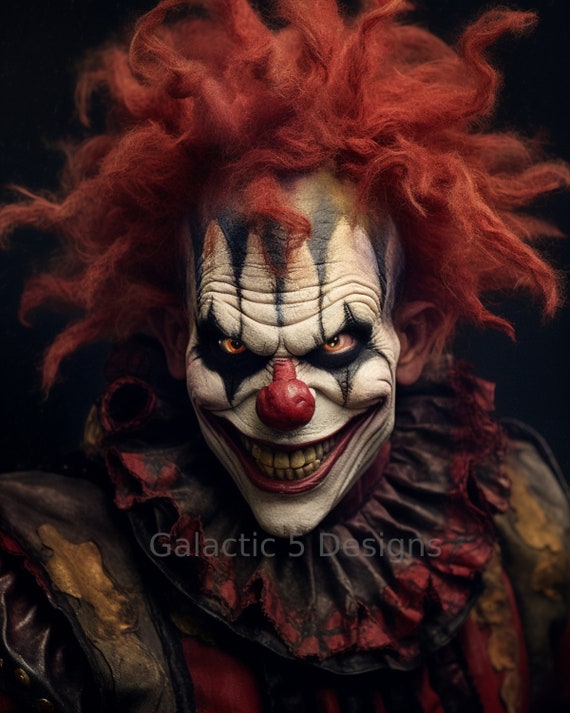 Evil clown face. Portrait of scary spooky clown monster from horror movie  with vintage circus on background. Generative AI Stock Illustration