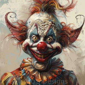 Creepy Carnival Clown Digital Print Illustration - Horror Art - Printable Wall Art - Creepy Decor - Instant Download - Scary Clown Art