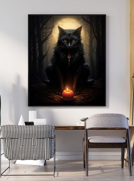 黒猫満月デジタルアートプリント、AI生成、ウォールアート、AIアート