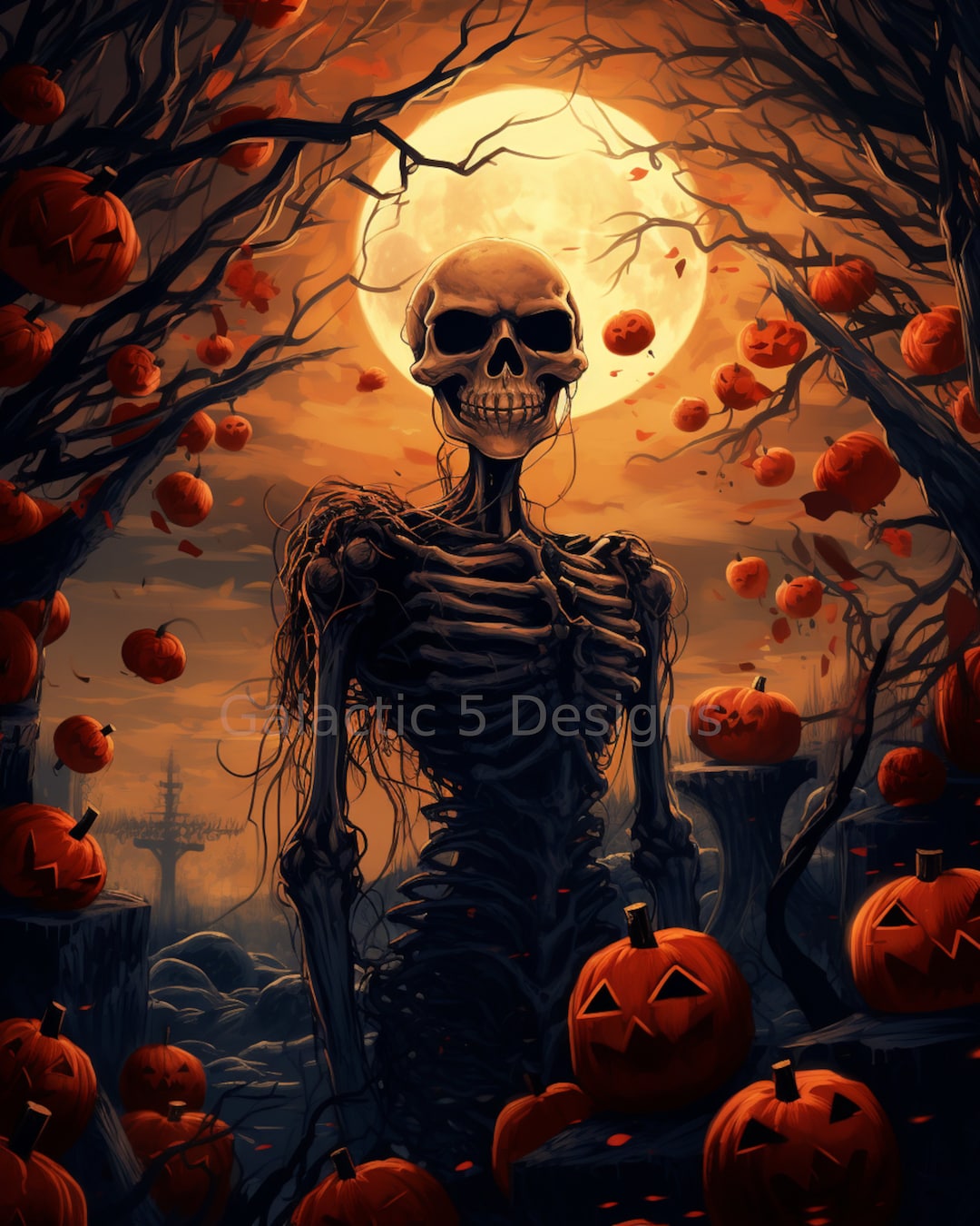 Haunting Halloween Skeleton Pumpkin Digital Download Art