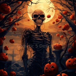 Haunting Halloween Skeleton Pumpkin Digital Download Art Print - AI Generated Wall Art - Printable Art - Poster - Halloween Art